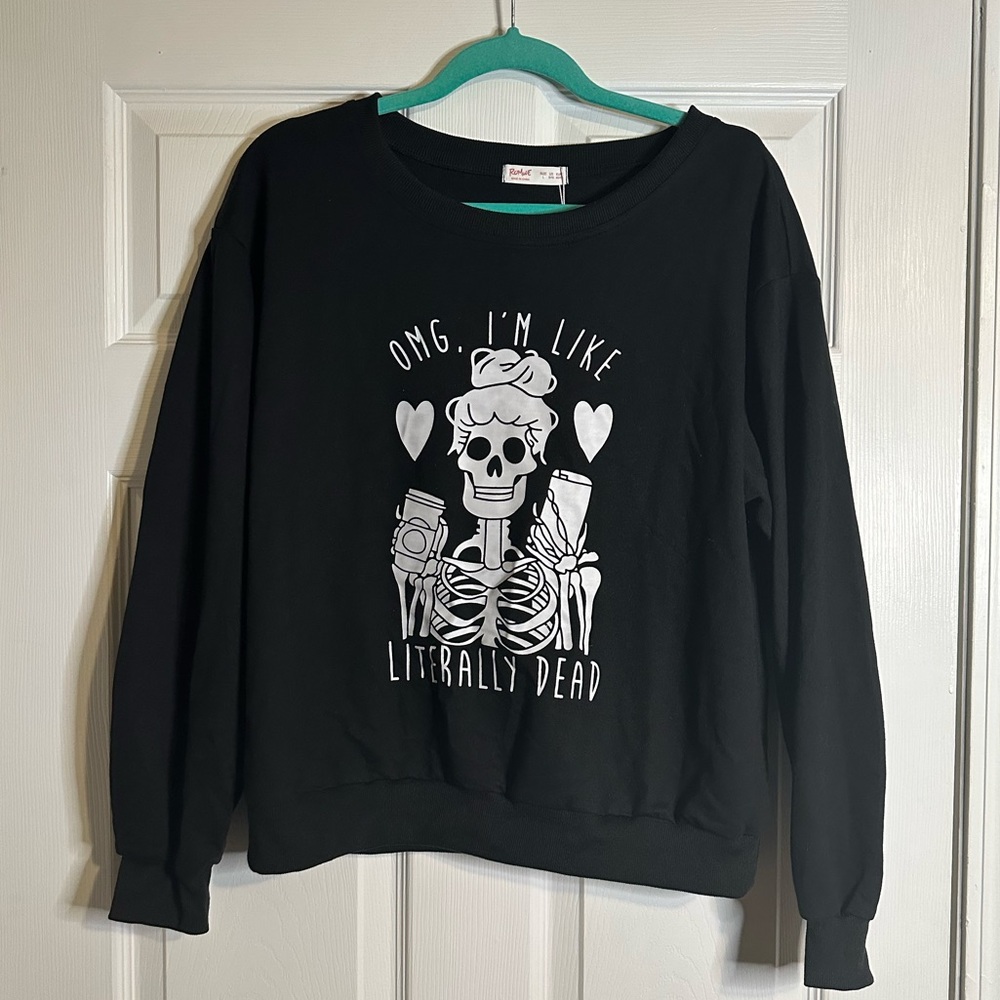 NWT ROMWE Black White Skeleton Coffee Graphic Sweatshirt Sz L